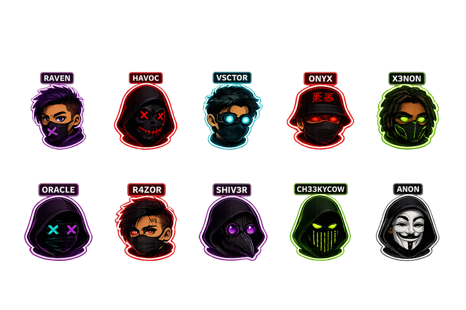 Premium Worm Raid characters — unlockable hacker avatars including SHIV3R, CH33KYCOW and ANON